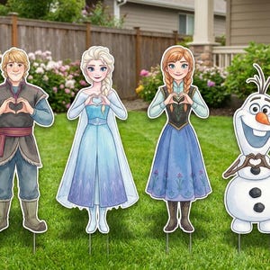May include: Four character cutouts from the animated film Frozen. The characters are Kristoff, Elsa, Anna, and Olaf. Each character is holding their hands in a heart shape. The cutouts are placed in a grassy yard.