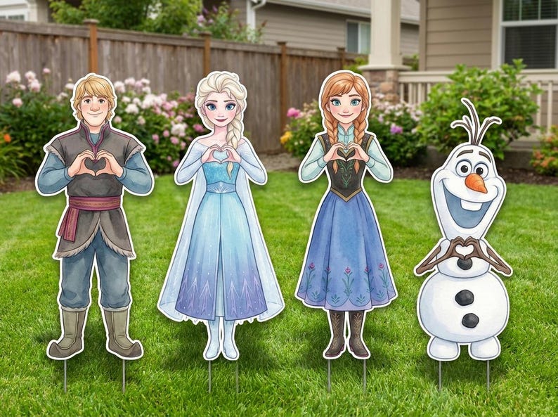 May include: Four character cutouts from the animated film Frozen. The characters are Kristoff, Elsa, Anna, and Olaf. Each character is holding their hands in a heart shape. The cutouts are placed in a grassy yard.
