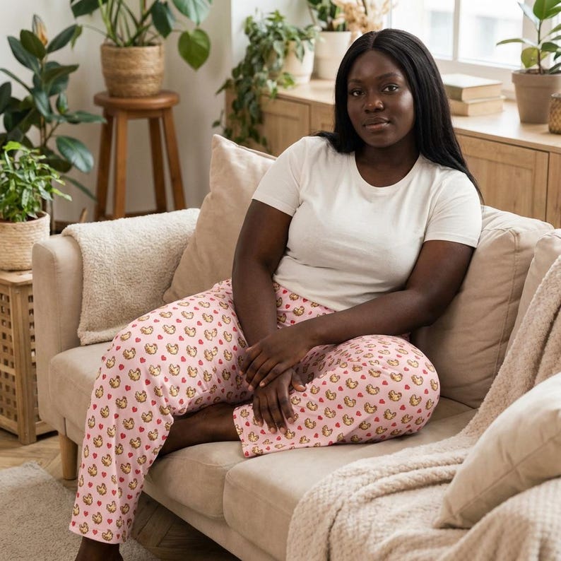Pink Stardew Valley Chicken Pajama Pants, Pixel Art Lounge Pants, Gamer Gift for Her, Cozy Gaming Pajamas, Stardew Valley Gift image 2