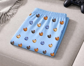 Women's Stardew Valley Chicken Pajama Pants, Pixel Art Lounge Pants, Gamer Gift for Her, Cozy Gaming Pajamas, Stardew Valley Gift