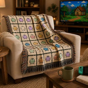 May include: A woven throw blanket featuring a grid pattern with repeating pixelated television icons in various pastel colors including light blue, yellow, pink, and purple, finished with a dark fringe along the edges and draped over a chair.