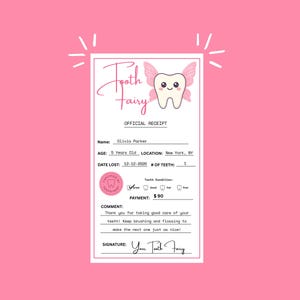 編集可能な歯の妖精の領収書テンプレート：初めての歯の記念品（Canvaで印刷可能）