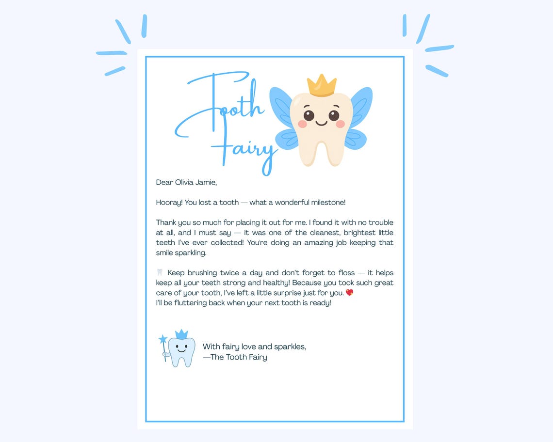 Editable Tooth Fairy Letter Printable for Kids | Cute Blue Tooth Fairy ...