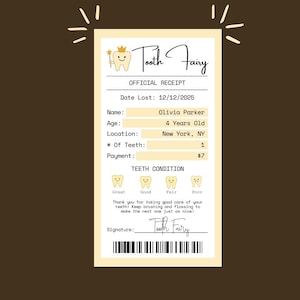 Editable Tooth Fairy Receipt: Printable Certificate, Custom Note (Canva Template, Digital Download)