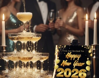 Könnte beinhalten: Ein Champagnerturm mit Gläsern gefüllt mit Sekt, mit einer Flasche, die mehr einschenkt. Ein Schild auf einer Staffelei lautet "Happy New Year 2026" mit Veranstaltungsdetails. Personen in formeller Kleidung sind im Hintergrund, mit brennenden Kerzen.