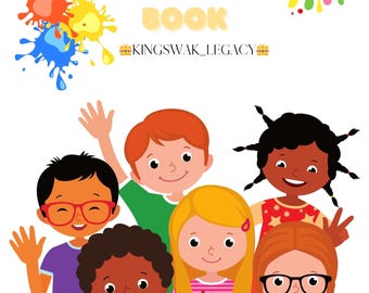Könnte beinhalten: Eine farbenfrohe Illustration für ein Malbuch für Kinder. Das Cover zeigt den Text "KIDS COLORING BOOK" in Blau und Gelb, mit einer Gruppe verschiedener Kinder und verschiedenen Tieren. Buntstifte sind unten.