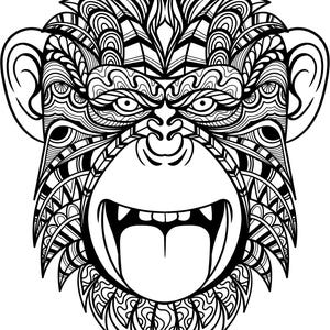 K&ouml;nnte beinhalten: Schwarz-Wei&szlig;-Illustration eines Affengesichts. Das Gesicht des Affen ist mit komplizierten Mustern und Designs verziert. Der Affe hat einen weit ge&ouml;ffneten Mund mit sichtbaren Z&auml;hnen und Zunge. Die Illustration ist ein auff&auml;lliges Design.