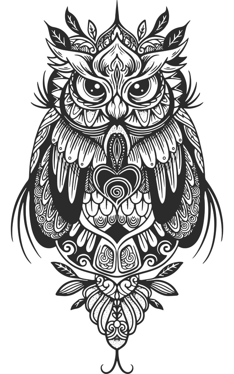 K&ouml;nnte beinhalten: Schwarz-Wei&szlig;-Illustration einer Eule mit komplizierten, symmetrischen Mustern. Die Eule hat gro&szlig;e Augen, ein herzf&ouml;rmiges Design auf der Brust und detaillierte Feder- und Blattmotive. Das Kunstwerk ist ein detailliertes, symmetrisches Design.