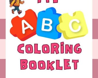 Könnte beinhalten: Ein Kinder-Malbuch-Cover mit dem Titel "MY COLORING BOOKLET" in rosa Buchstaben. Das Cover zeigt einen Cartoon-Jungen mit Rucksack und bunten ABC-Blöcken. Platz für den Namen und das Alter des Kindes ist vorgesehen.