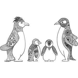 K&ouml;nnte beinhalten: Schwarz-Wei&szlig;-Illustration von vier Pinguinen. Zwei erwachsene Pinguine und zwei kleinere Pinguine sind dargestellt. Die Pinguine haben komplizierte Muster auf ihren K&ouml;rpern, der Rest ihrer K&ouml;rper ist wei&szlig;. Das Bild ist eine Strichzeichnung.