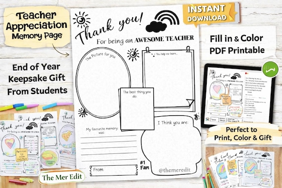 Teacher Appreciation Printable Gift From Students | Fill-in Memory Page | Instant Download PDF