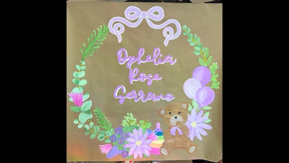 Hand-Painted Personalized Baby Name Banner | Custom Floral Teddy Bear Wall Art