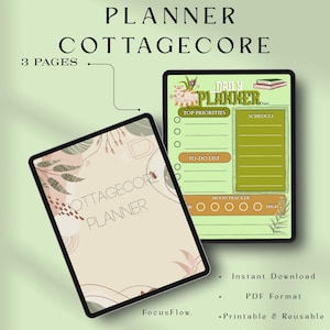 Agenda quotidien Cottagecore | Esthétique Imprimable | Liste de choses à faire, emploi du temps, suivi de l&#39;humeur + suivi des habitudes