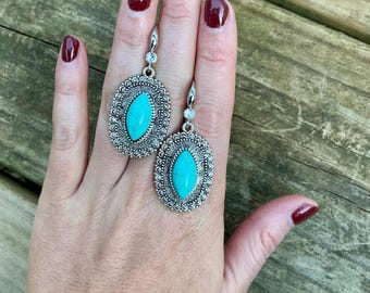 Western Turquoise Concho Style Earrings, Faux Turquoise Earrings, Large Earrings, Rodeo Cowgirl Earrings, Western Jewelry, Antique Silver