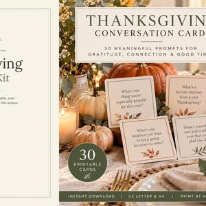 Può includere: Un set di carte per conversazioni del Ringraziamento con 30 schede stampabili con spunti di gratitudine. Le carte sono disposte su un tavolo con zucche e candele. Il testo include 'Thanksgiving Conversation Cards', '30 Printable Cards', 'Thankful Cards' e 'Advent of Calm' con istruzioni.