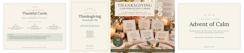 Pu&ograve; includere: Un set di carte per conversazioni del Ringraziamento con 30 schede stampabili con spunti di gratitudine. Le carte sono disposte su un tavolo con zucche e candele. Il testo include 'Thanksgiving Conversation Cards', '30 Printable Cards', 'Thankful Cards' e 'Advent of Calm' con istruzioni.