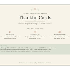 Pu&ograve; includere: Una stampa digitale con carte di gratitudine contenente 20 schede, 16 suggerimenti e 4 spazi vuoti. Il testo include A Calmer Thanksgiving Tradition, Three Ways To Use Them e le istruzioni per la stampa su carta.