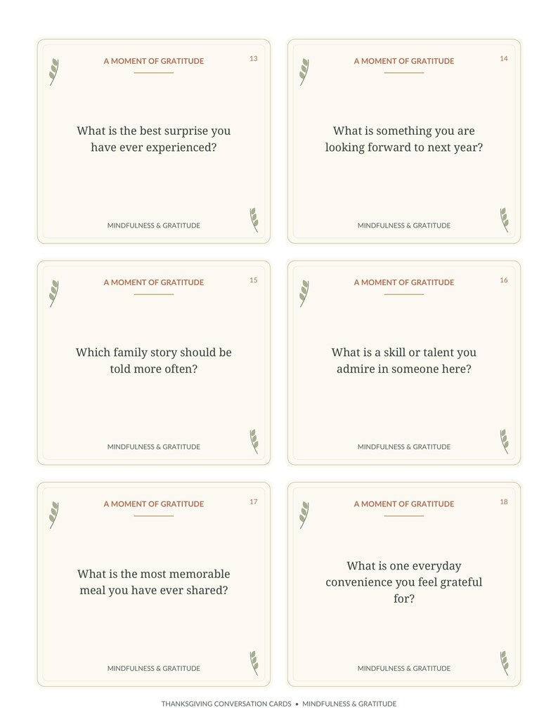 May include: Six rectangular off-white conversation cards labeled A MOMENT OF GRATITUDE and MINDFULNESS & GRATITUDE. Each card features a unique numbered question about personal experiences, family stories, skills, meals, and everyday conveniences.
