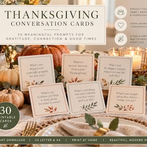 May include: A set of 30 Thanksgiving conversation cards featuring prompts for gratitude and connection. Each square card has a white background, a thin border, and autumn-themed leaf illustrations. The text includes questions like What is one thing you are especially grateful for this year and What is a favorite memory from a past Thanksgiving.