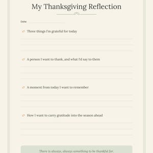 Pu&ograve; includere: Un foglio di riflessione stampabile color crema intitolato A Quiet Moment My Thanksgiving Reflection. Include una riga per la data e quattro spunti di gratitudine, terminando con un riquadro verde salvia contenente il testo There is always, always something to be thankful for. In basso &egrave; stampato Mindfulness & Gratitude.