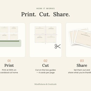 May include: An instructional graphic titled How It Works: Print. Cut. Share. It displays three steps: printing four cards on a page, cutting along dashed lines with scissors, and sharing the finished cards. The text includes Mindfulness & Gratitude.