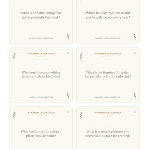 May include: Six off-white rectangular conversation cards with rounded corners, each featuring the text A MOMENT OF GRATITUDE, a numbered label from 01 to 06, and the text MINDFULNESS & GRATITUDE. Each card displays a unique question.