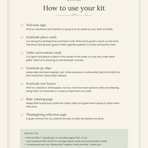 Pu&ograve; includere: Un documento di istruzioni beige intitolato How to use your kit, che elenca i passaggi per cartelli di benvenuto, segnaposto, carte di conversazione, foglietti, foglie, pagine da colorare e riflessioni, con consigli di stampa per carta 21,6 x 27,9 cm.