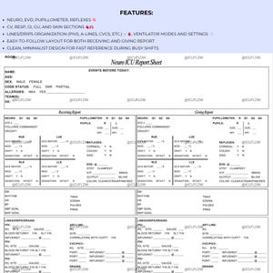 Puede incluir: Una hoja de informe de la UCI Neurol&oacute;gica en blanco y negro con secciones para datos del paciente, evaluaciones neurol&oacute;gicas y signos vitales. Incluye organizaci&oacute;n de l&iacute;neas/goteo y ajustes del ventilador. Dise&ntilde;ado para referencia r&aacute;pida.