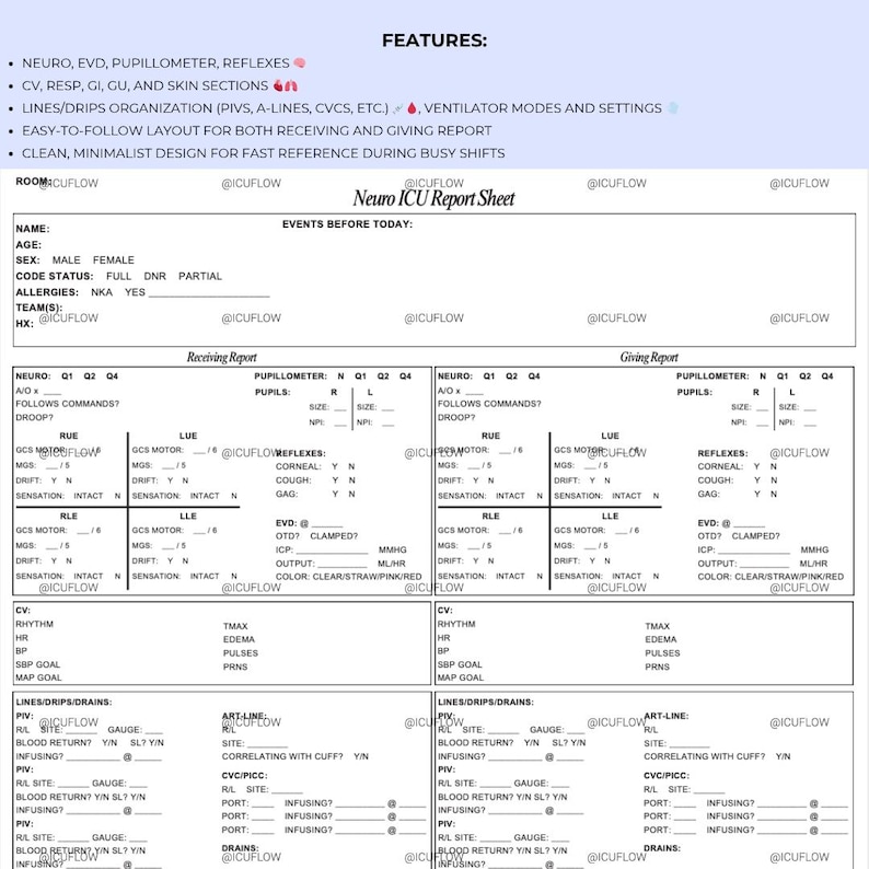 Puede incluir: Una hoja de informe de la UCI Neurol&oacute;gica en blanco y negro con secciones para datos del paciente, evaluaciones neurol&oacute;gicas y signos vitales. Incluye organizaci&oacute;n de l&iacute;neas/goteo y ajustes del ventilador. Dise&ntilde;ado para referencia r&aacute;pida.