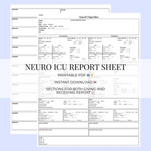 Puede incluir: Una hoja de informe de la UCI neurol&oacute;gica en PDF imprimible con secciones para dar y recibir informes. El documento incluye campos para informaci&oacute;n del paciente, evaluaciones neurol&oacute;gicas y signos vitales. Tambi&eacute;n se ve el texto "Descarga instant&aacute;nea".