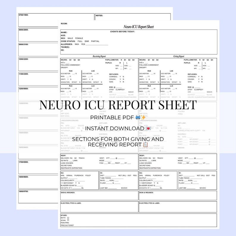 Puede incluir: Una hoja de informe de la UCI neurol&oacute;gica en PDF imprimible con secciones para dar y recibir informes. El documento incluye campos para informaci&oacute;n del paciente, evaluaciones neurol&oacute;gicas y signos vitales. Tambi&eacute;n se ve el texto "Descarga instant&aacute;nea".