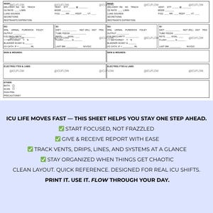 Puede incluir: Una hoja de flujo de UCI en blanco y negro con secciones para informaci&oacute;n del paciente, incluidas evaluaciones respiratorias, gastrointestinales y cut&aacute;neas. La hoja incluye el texto "ICU LIFE MOVES FAST - THIS SHEET HELPS YOU STAY ONE STEP AHEAD."