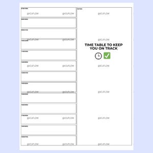 Puede incluir: Un horario blanco con una cuadr&iacute;cula para la programaci&oacute;n, con espacios de tiempo y el texto "TIME TABLE TO KEEP YOU ON TRACK." Incluye un reloj y un icono de marca de verificaci&oacute;n. El logotipo @ICUFLOW se repite.