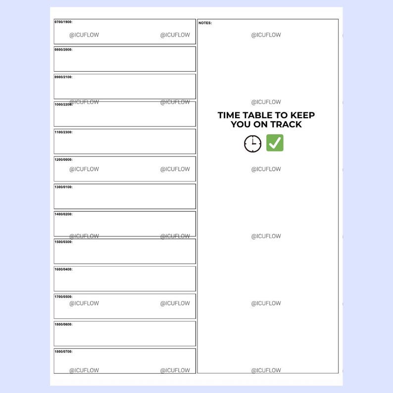 Puede incluir: Un horario blanco con una cuadr&iacute;cula para la programaci&oacute;n, con espacios de tiempo y el texto "TIME TABLE TO KEEP YOU ON TRACK." Incluye un reloj y un icono de marca de verificaci&oacute;n. El logotipo @ICUFLOW se repite.