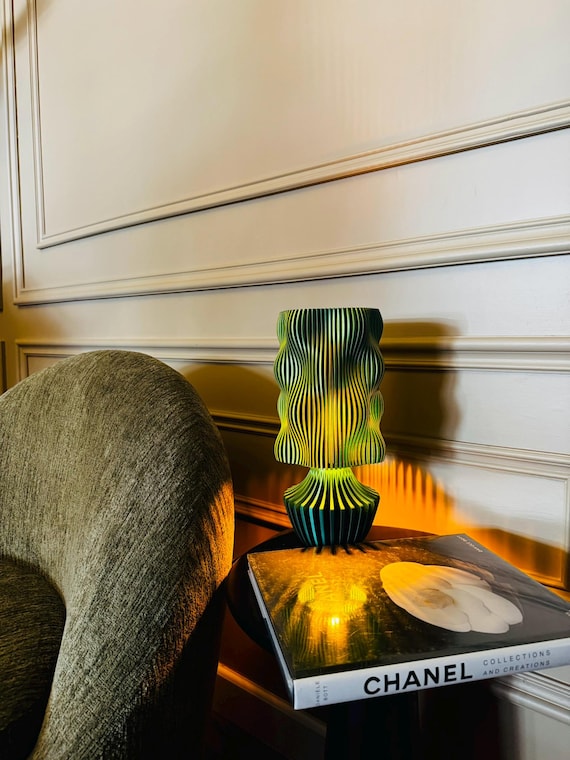 Sculptural Lamp, Modern Table Lamp with Wave-Like Design, Artistic Accent Lighting, Dual-Tone Green and Yellow, Unique Interior Decor