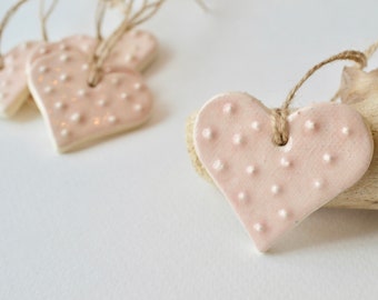 Ceramic Heart Ornament ~Wedding Favors For Guests~Heart Ornaments Bulk~Heart Favor Tags~Handmade Ornaments~Baby Shower Decorations Girl~1019