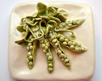Peas ~ Vegetable Wall Decor ~ Vegetable Art ~ Ceramic Vegetables ~ Relief Tiles ~ Handmade Tiles ~ Ceramic Relief Tile ~ High Relief Tiles