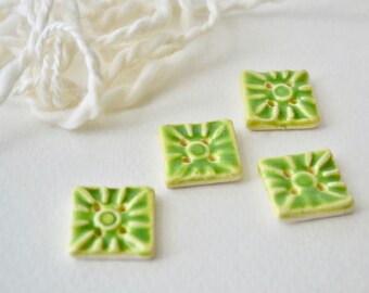 Handmade Lime Green Square Ceramic Buttons: Embossed Pottery, Set of 4 ~ 3040