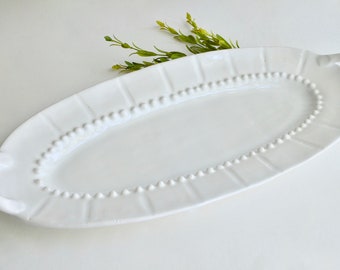 MADE TO ORDER ~ Handmade Ceramic Serving Platter: White Oval Decorative Detailed Tray with Handles