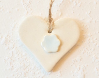 Handmade Ceramic Heart Ornament: Pearl White with Blue Flower ~ Blue and White Heart Ornament ~CeramicHeart Ornament~Ceramic Heart Gift~1057