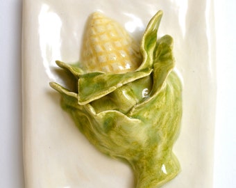 Corn ~ Ceramic Hand Sculpted Vegetable Tile ~ Handmade Tiles ~ Corn Art~Handmade Wall Decor~Handmade Ceramic Tiles~Relief TilE~Ceramic Corn