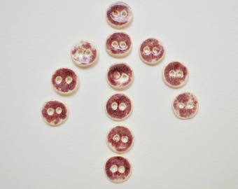 Ceramic Buttons Handmade, Magenta, Mottled, Set of Twelve 3074