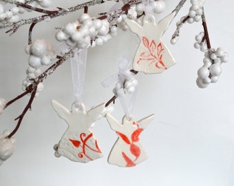 Ceramic Angel Ornaments, Imprinted Red on White, Set of Three 6503