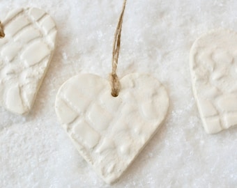 Three Handmade Ceramic Heart Ornaments: Cream Holiday Decorations ~ Winter White Heart Ornaments ~ Winter White Heart Ornament Set ~ 1000