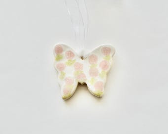 Handmade Ceramic Butterfly Ornament: Pink Floral Nursery Decor~Butterfly Ornaments~ Butterfly Nursery Decor~Nursery Butterfly Ornaments~1053