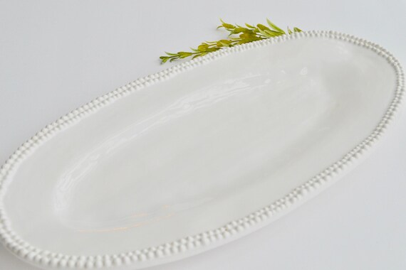 MADE TO ORDER ~ Handmade Ceramic Serving Platter: White Pottery with Nub Detail ~ Large White Oval Serving Platter~Large Decorative Platter