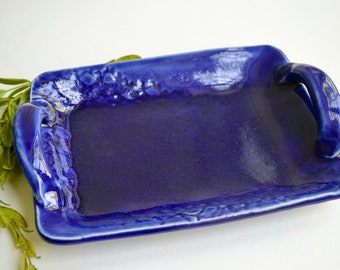 Ceramic Serving Platter ~ Cobalt Blue Pottery ~ Ceramic Serving Tray ~Tray with Handles ~Ceramic Serving Plate Handmade~Serving Platter~Tray