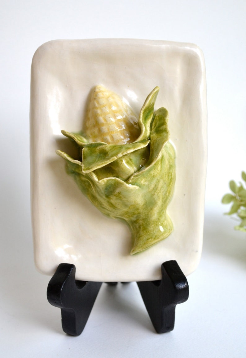 Corn Ceramic Hand Sculpted Vegetable Tile Handmade Tiles Corn ArtHandmade Wall DecorHandmade Ceramic TilesRelief TilECeramic Corn image 2