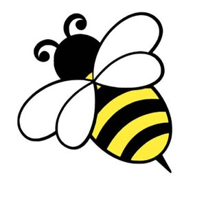 May include: A cartoon illustration of a yellow and black bee with white wings. The bee is flying with its wings spread out.