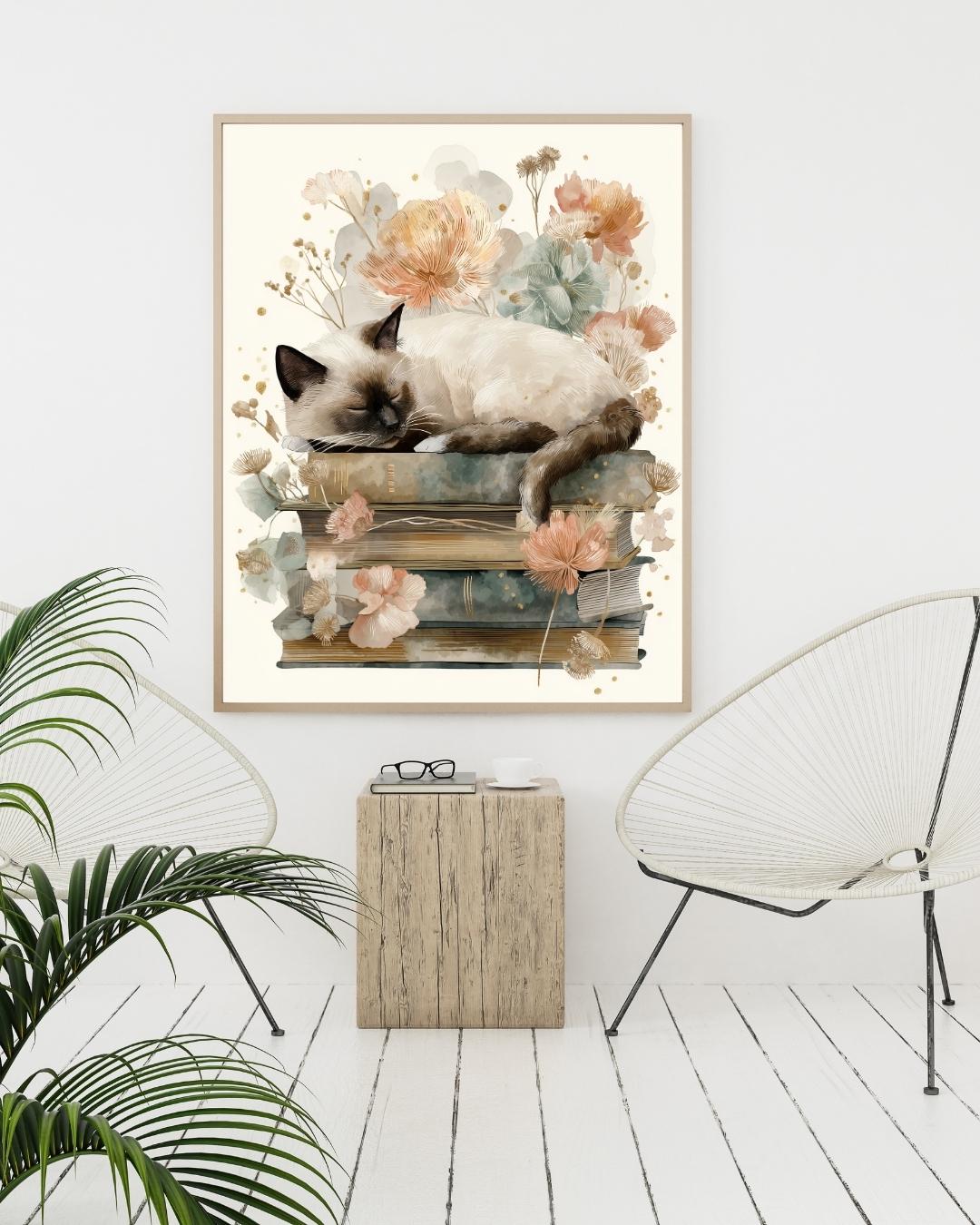水彩画風シャム猫ポスター - ボヘミアン風ヴィンテージブック